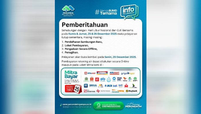 Cuti Bersama, Layanan Tatap Muka Perumda TM Palopo Ditutup Sementara